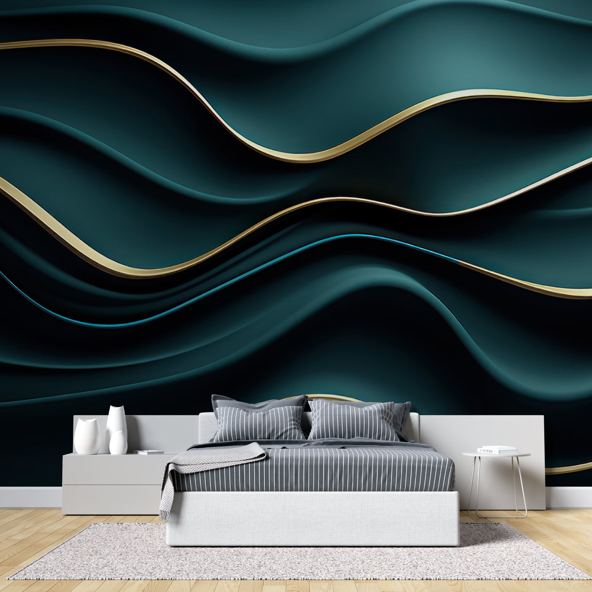 Green and gold abstract mural in dining room with modern furniture