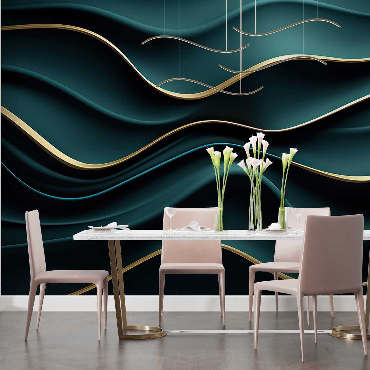 Emerald abstract wallpaper showcased in home office with natural lighting