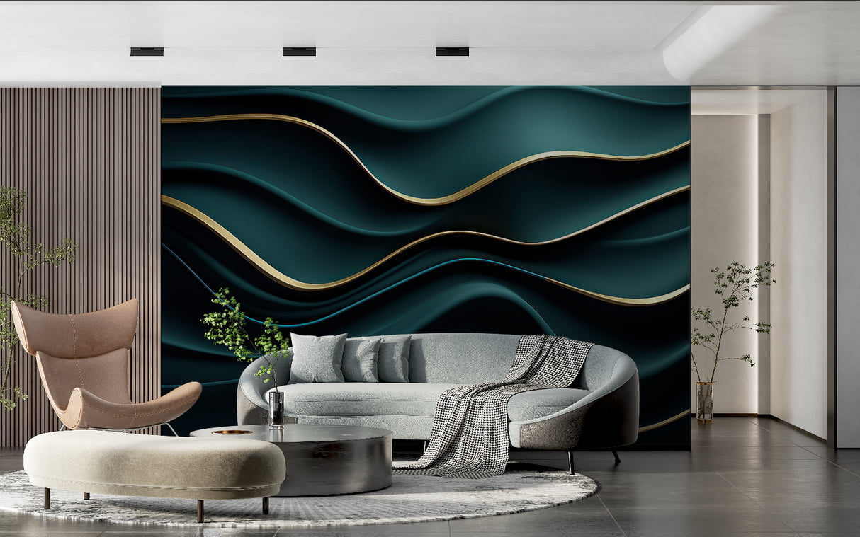 Modern abstract wall mural in hotel lobby highlighting golden accents