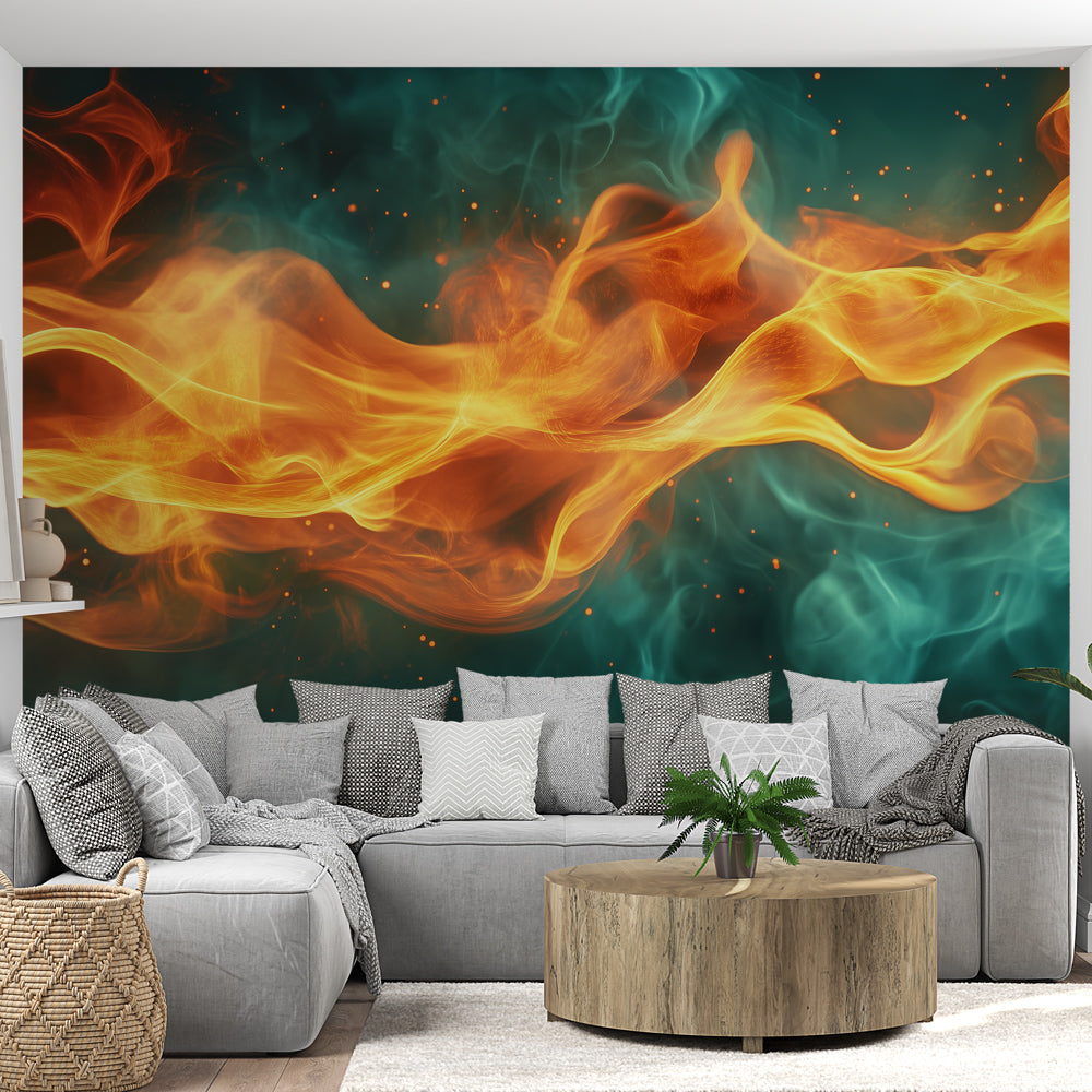 Abstract flames wallpaper creating dramatic impact in modern living room, orange and blue tones setting a bold mood