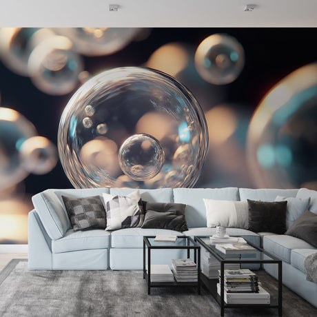 Modern 3D bubble wallpaper creating depth in a minimalist living room with soft lighting highlighting the floating spheres
