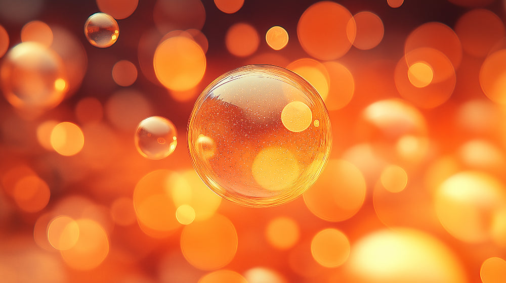 Modern living room with orange bubble wallpaper creating a warm, inviting atmosphere with floating spheres design