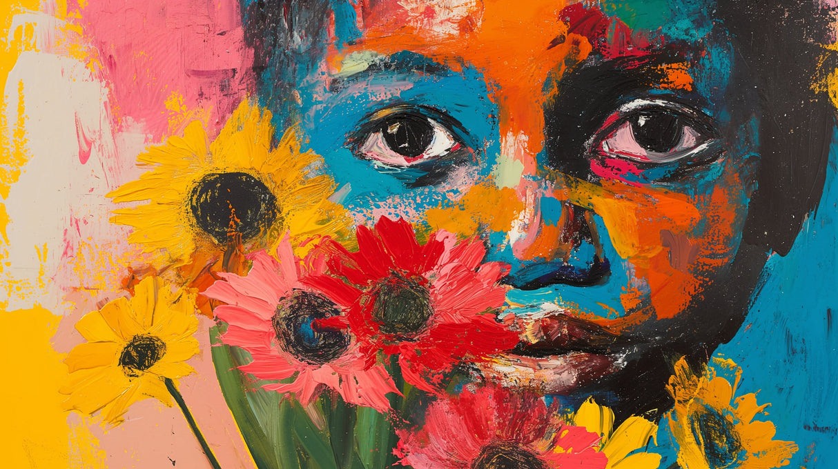 Abstract floral portrait wallpaper creating an artistic focal point in a modern living room with clean-lined furniture