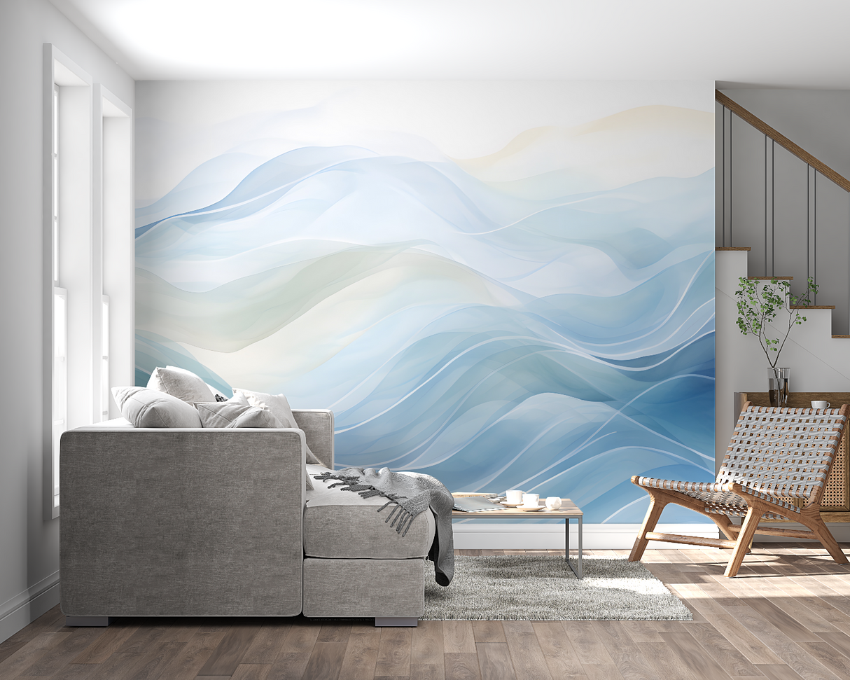 Modern office space featuring blue abstract wave wallpaper