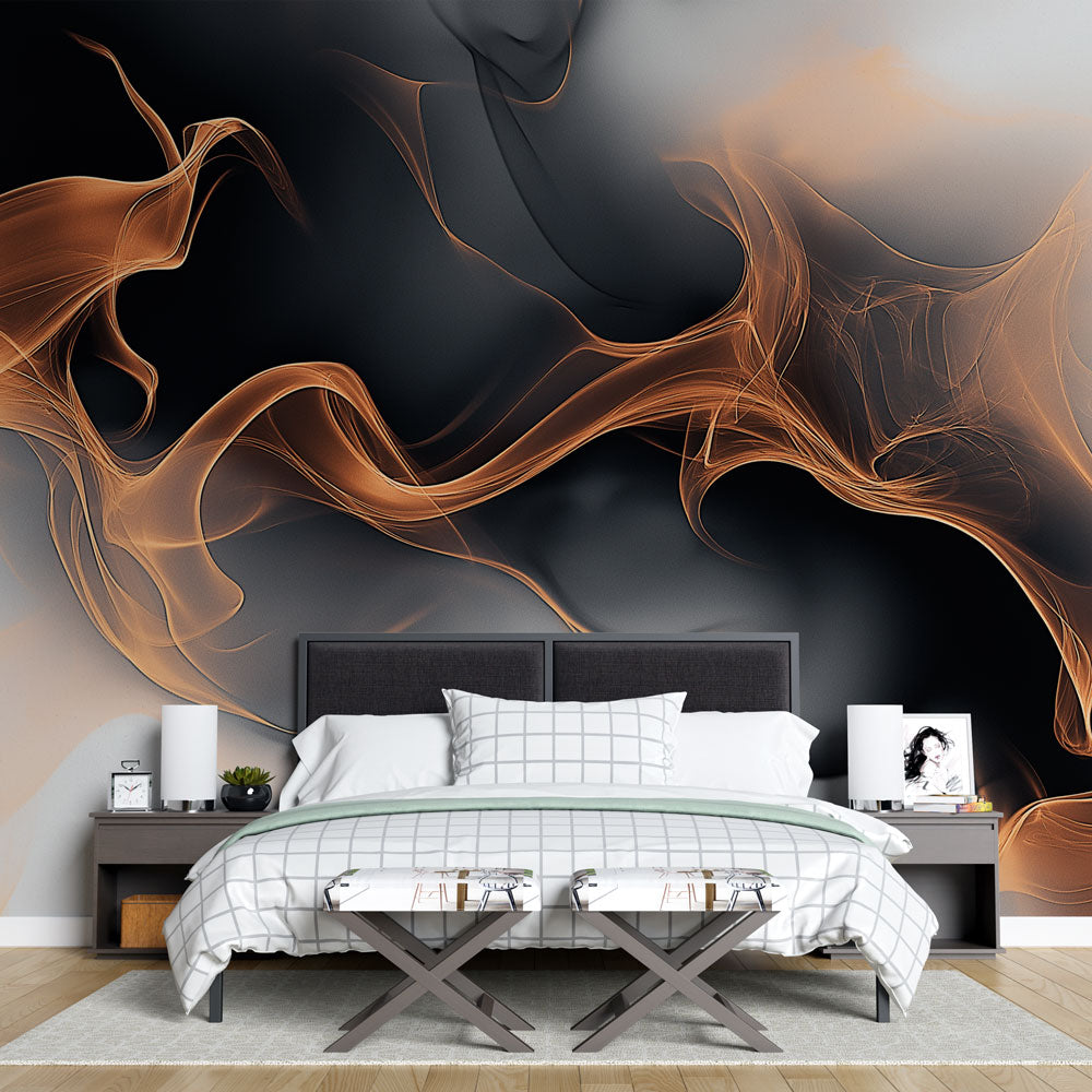 Modern abstract copper wallpaper mural in an elegant living room with soft lighting highlighting the metallic accents