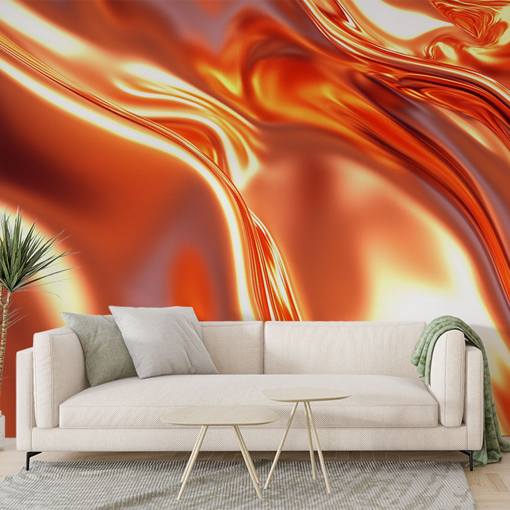 Copper abstract wallpaper creating a stunning metallic effect in a modern living room with natural lighting