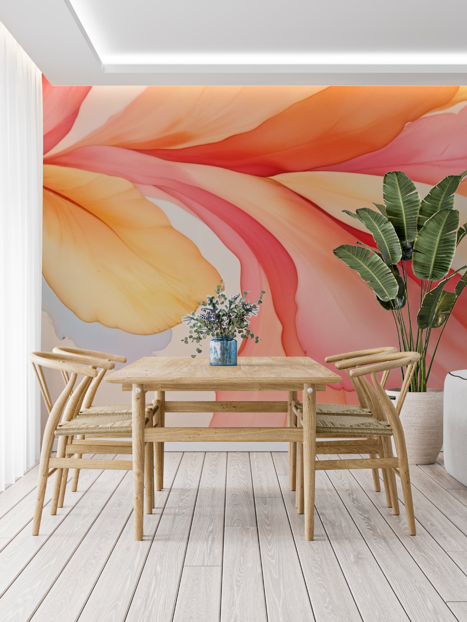 Abstract wall mural with flowing design showcased in minimalist bedroom setting