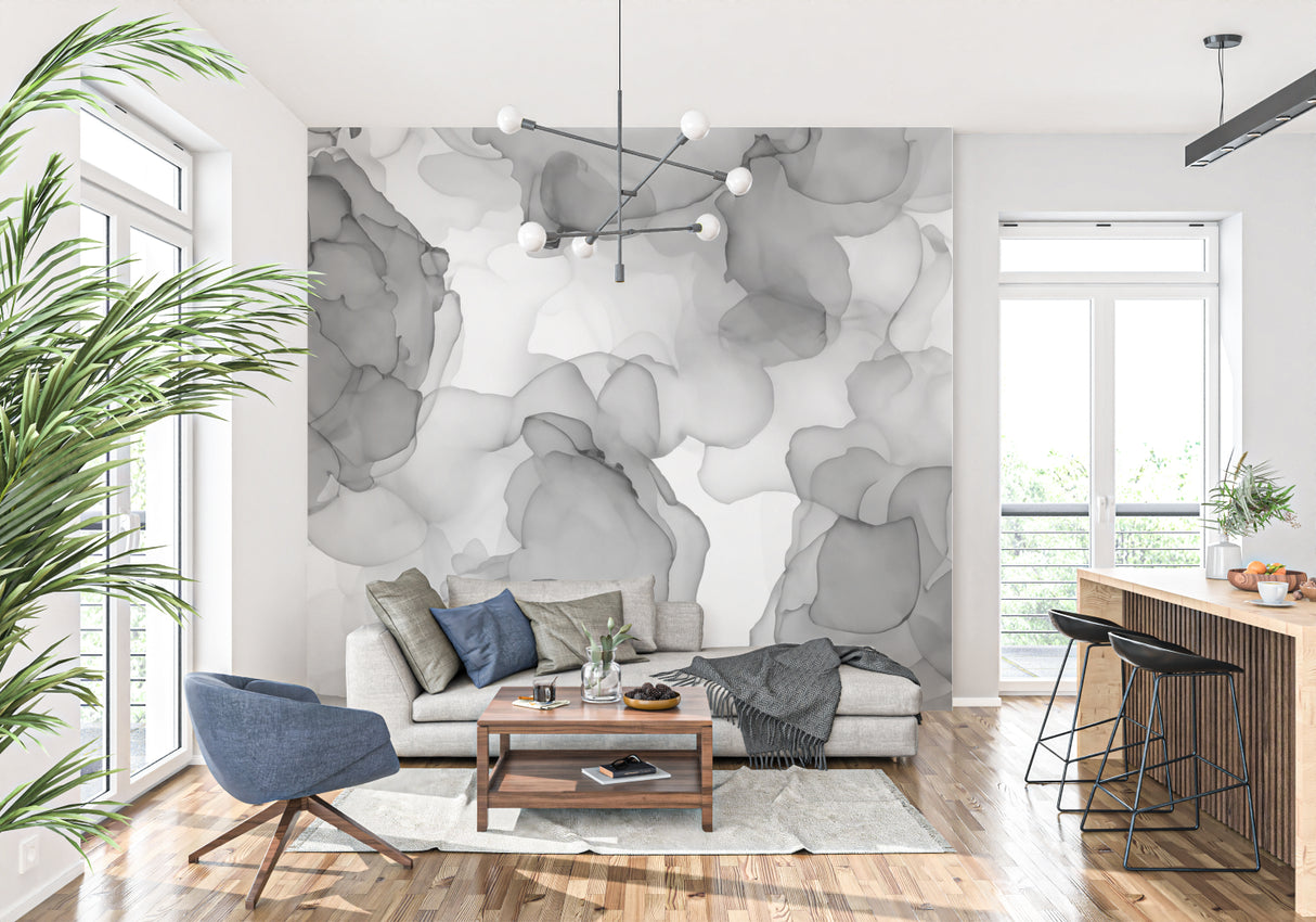 Grey abstract watercolor wallpaper in modern living room creating a peaceful atmosphere