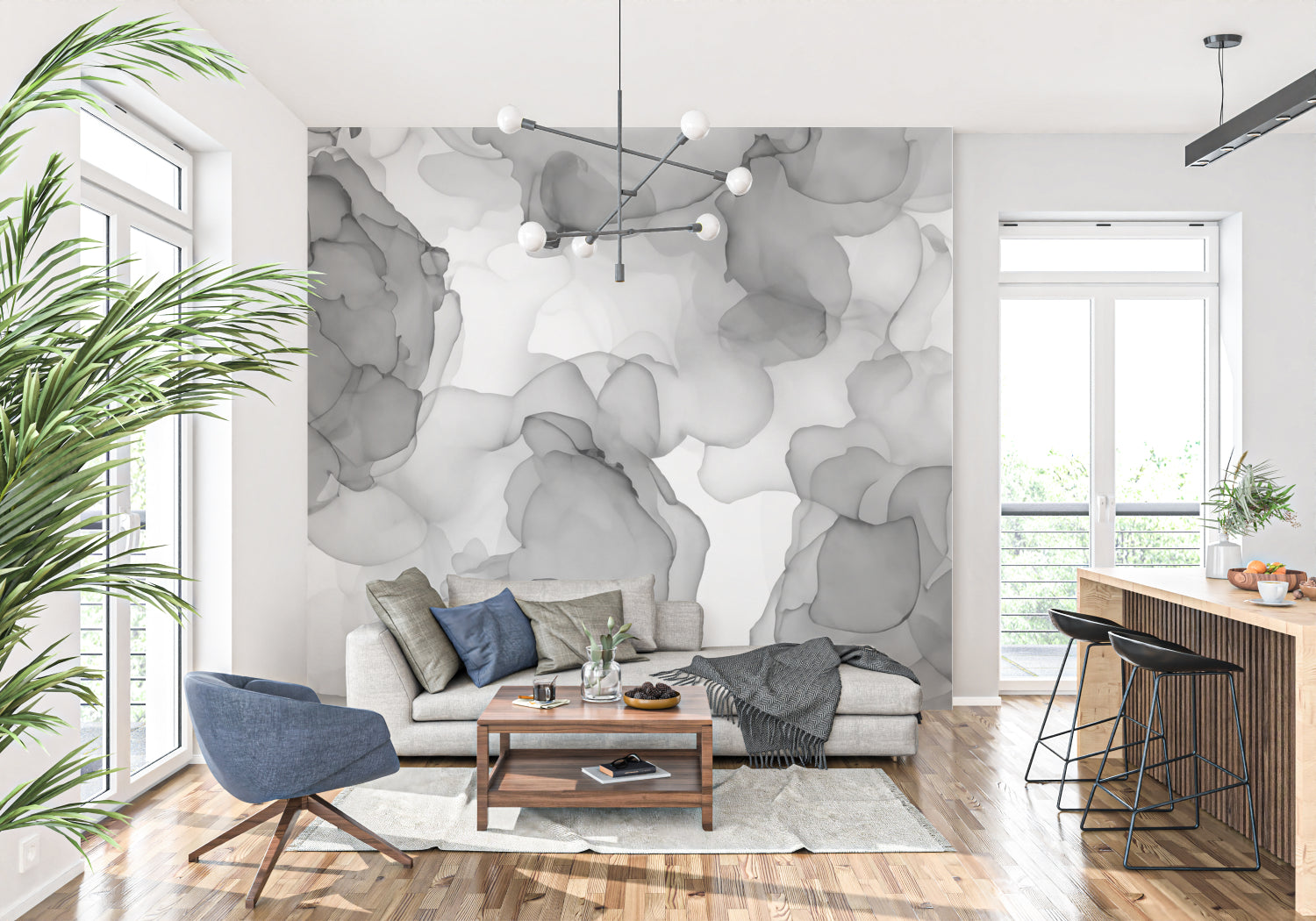 Grey abstract watercolor wallpaper in modern living room creating a peaceful atmosphere