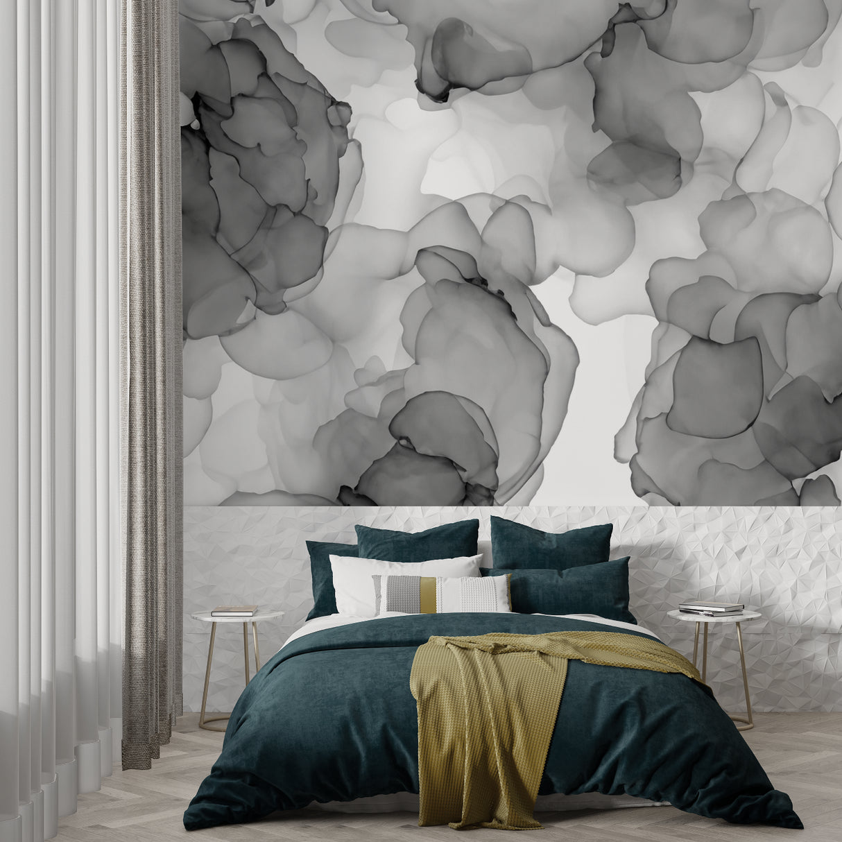Minimalist bedroom featuring flowing grey abstract wall mural
