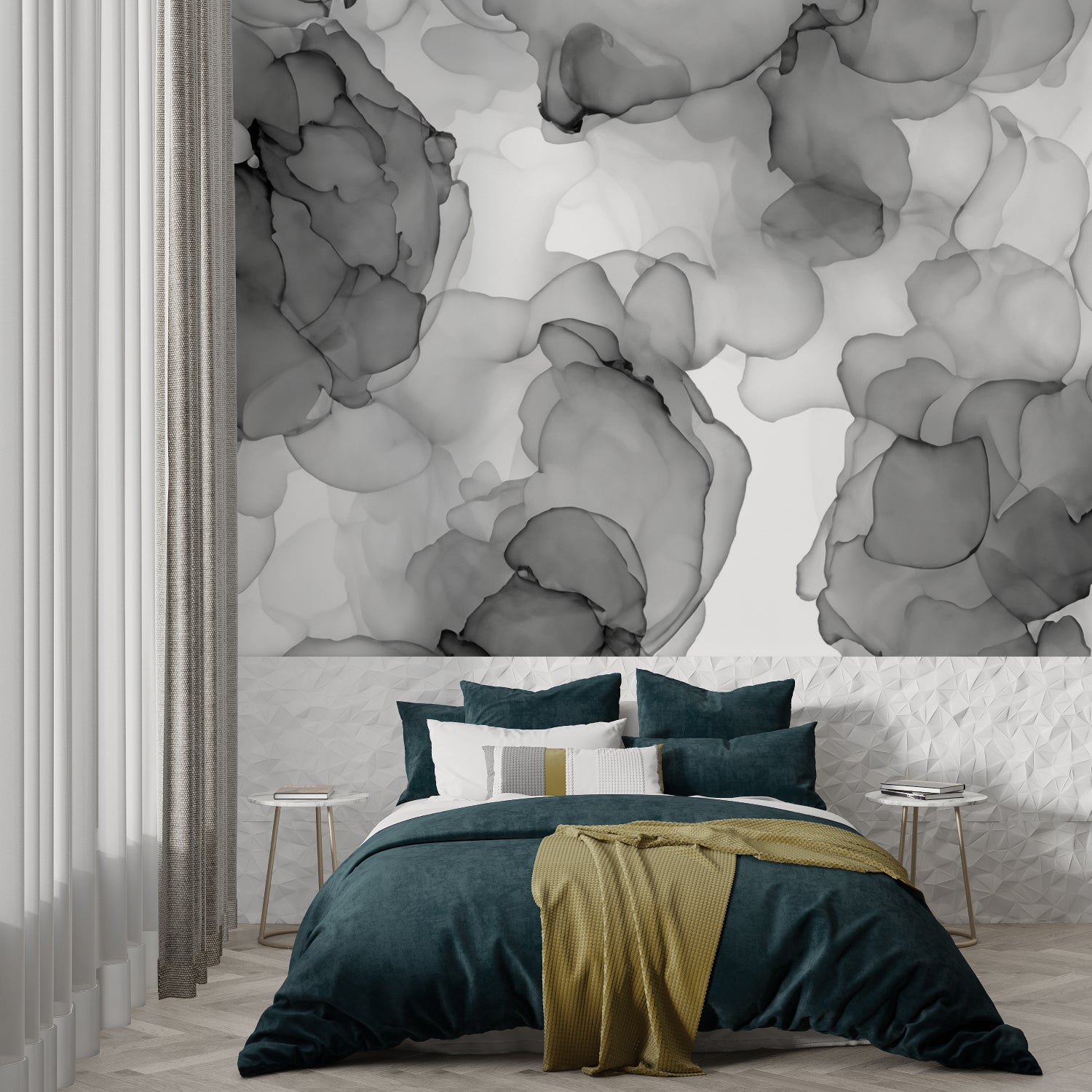 Minimalist bedroom featuring flowing grey abstract wall mural