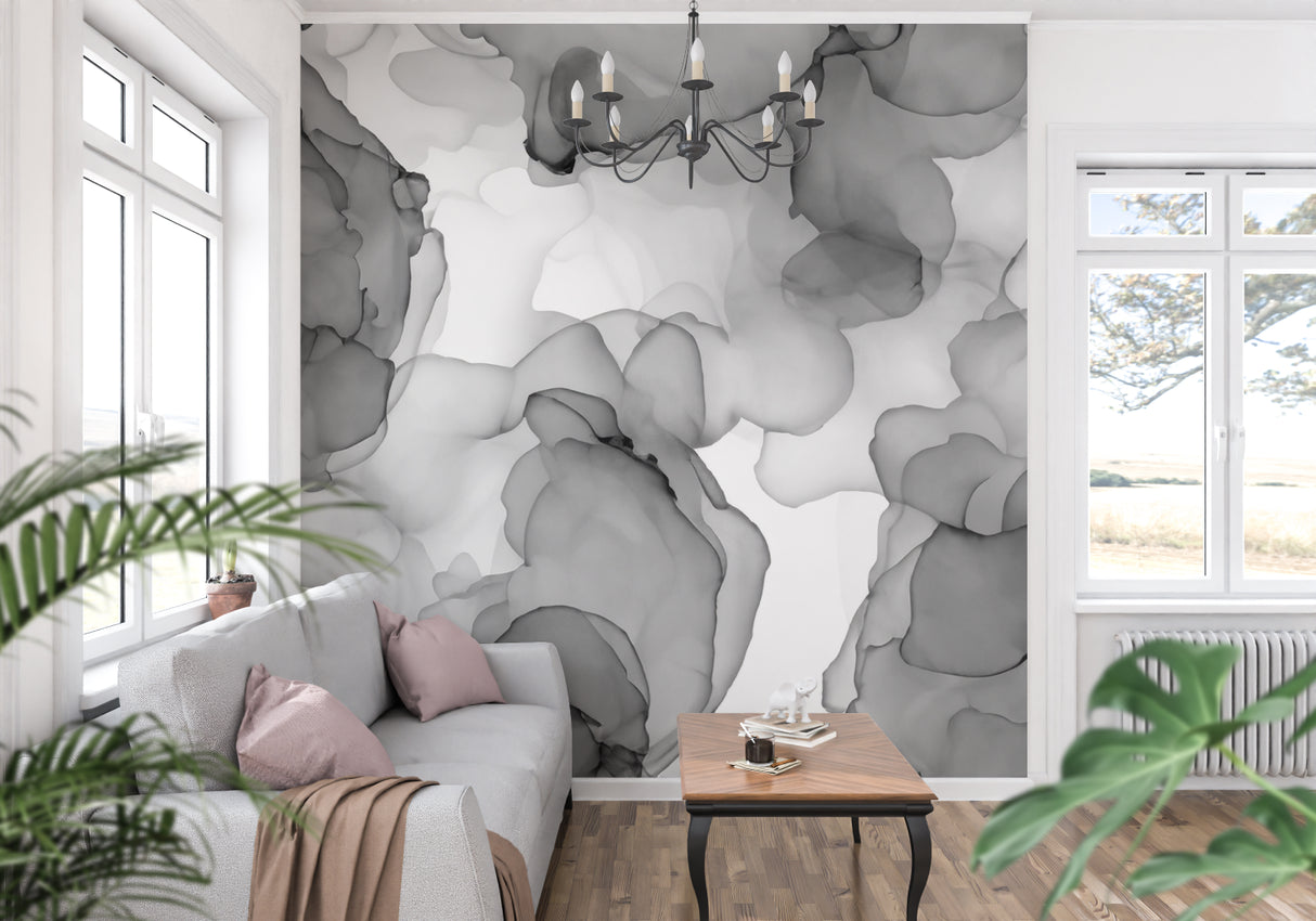 Home office with grey watercolor wallpaper adding sophistication