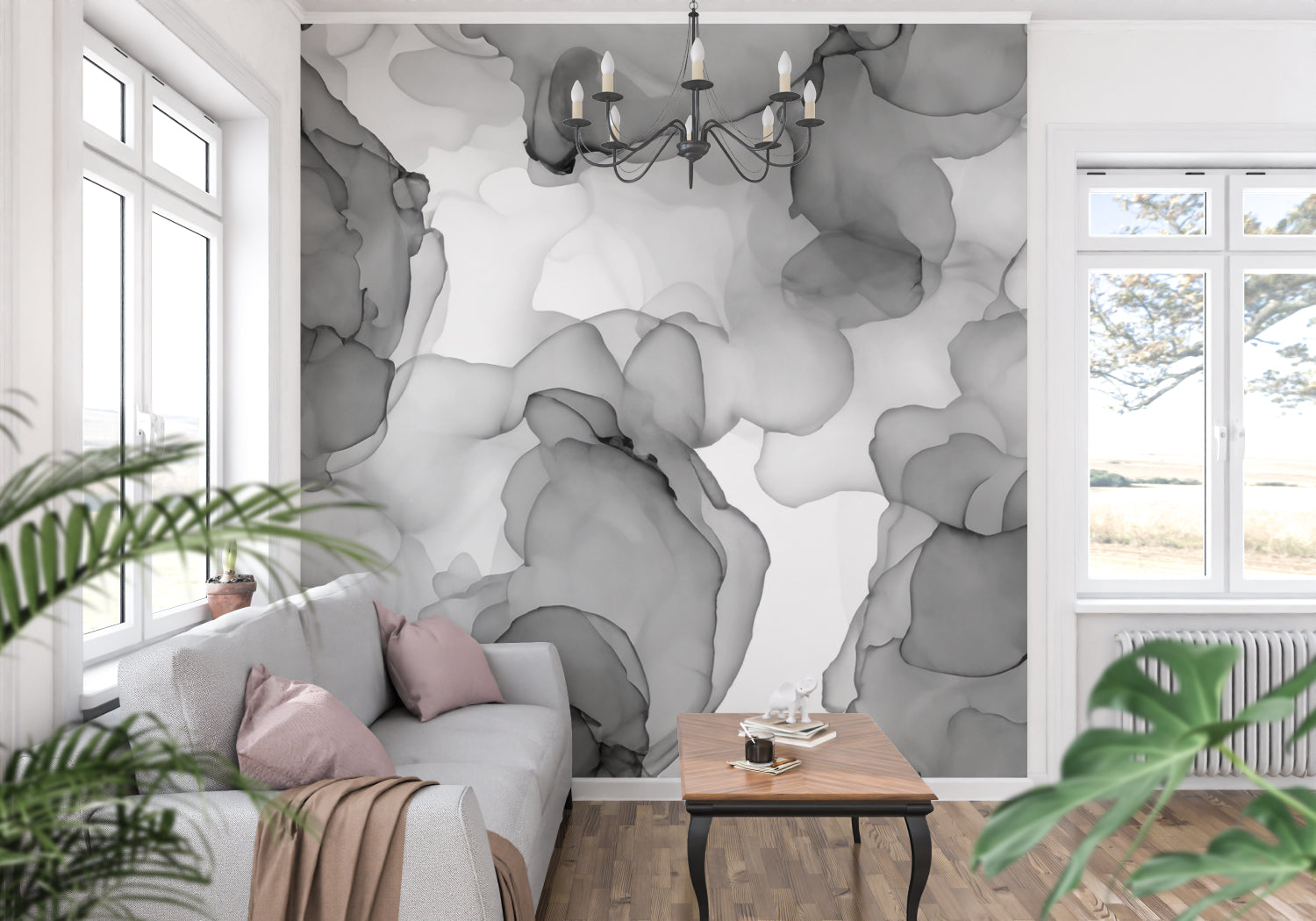 Home office with grey watercolor wallpaper adding sophistication