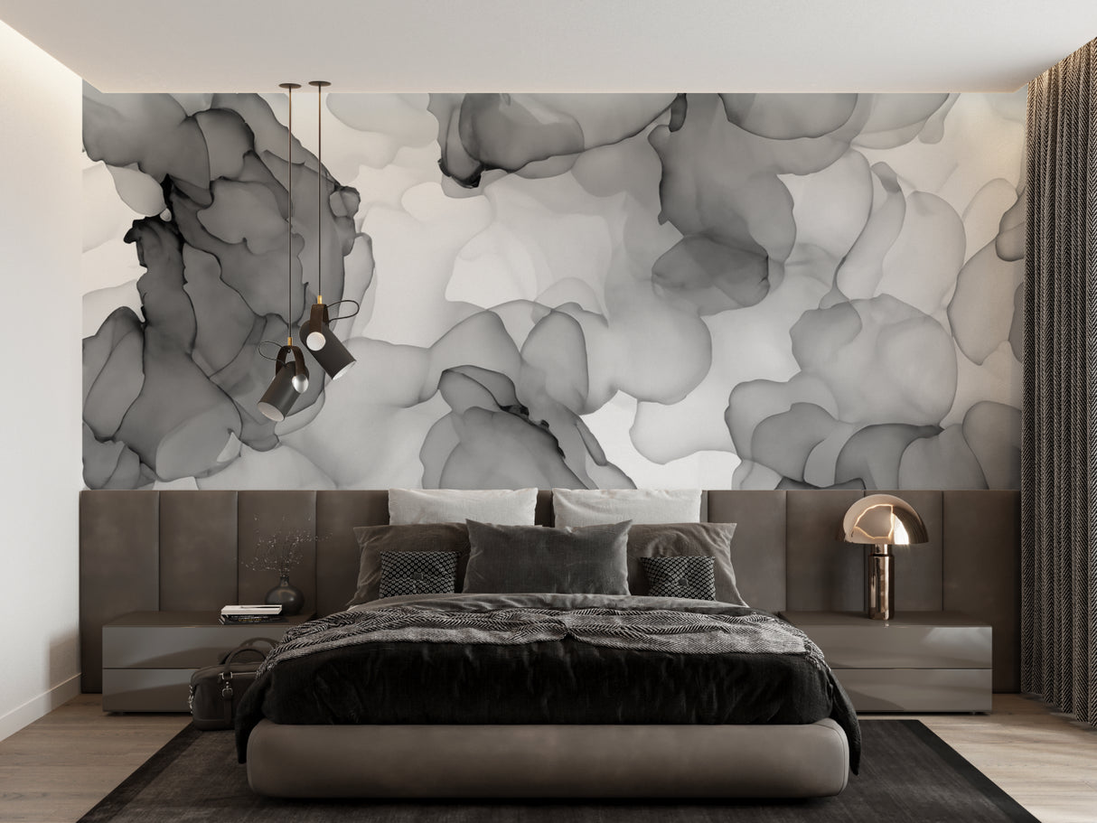 Grey watercolor wall mural in contemporary hallway space