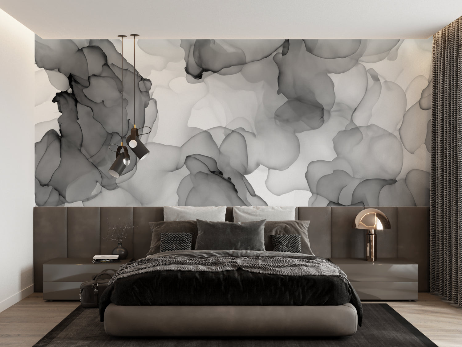 Grey watercolor wall mural in contemporary hallway space