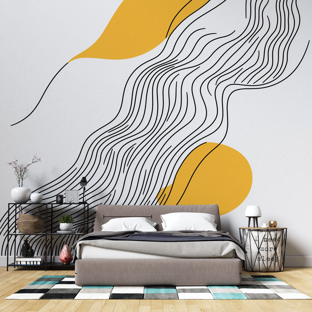 Modern Abstract Line Wallpaper creating flow in a bright minimalist living room with yellow accent furniture