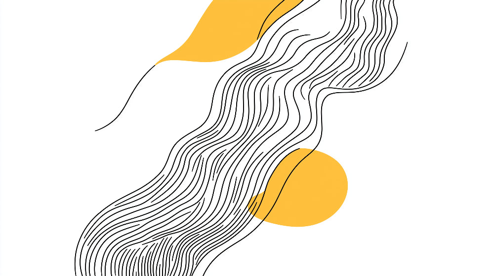 Abstract flowing lines wallpaper design file with black curves and yellow circular accents on white