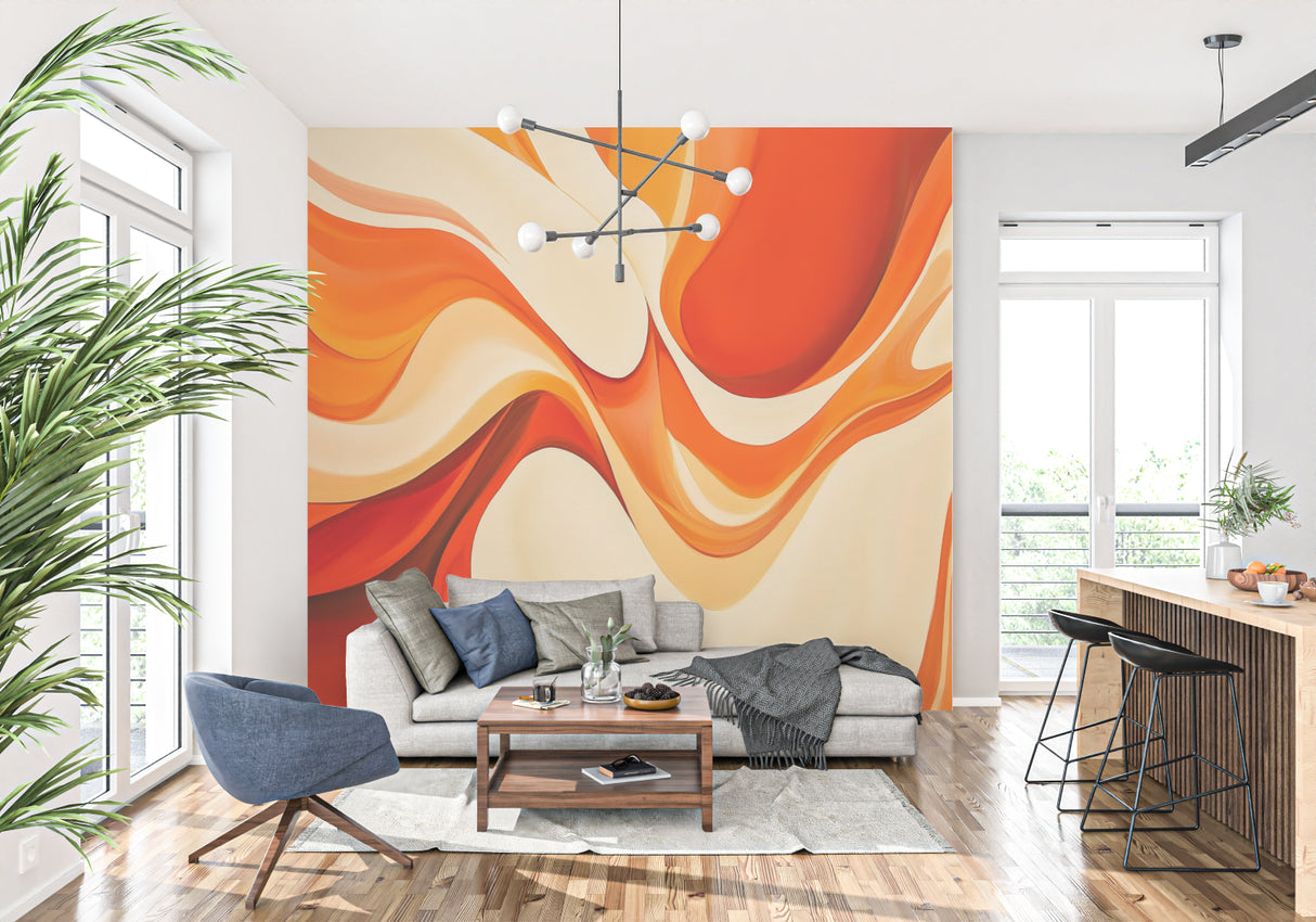 Abstract orange wave wallpaper creating a modern focal point in a minimalist living room setting