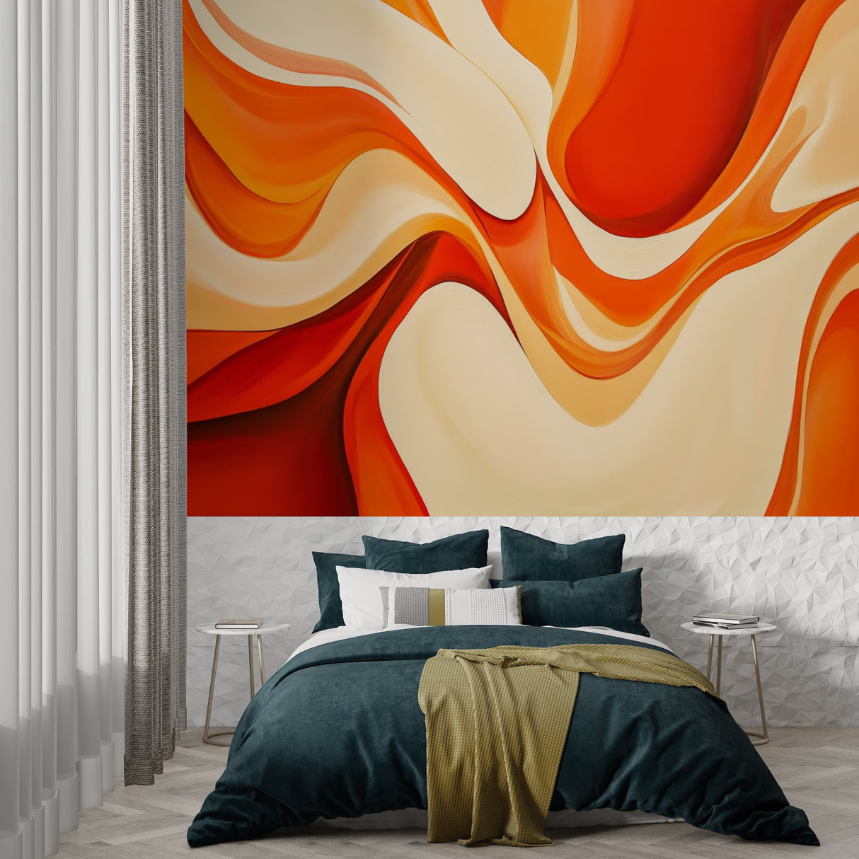 Flowing orange abstract wallpaper making a statement in an entrance hallway