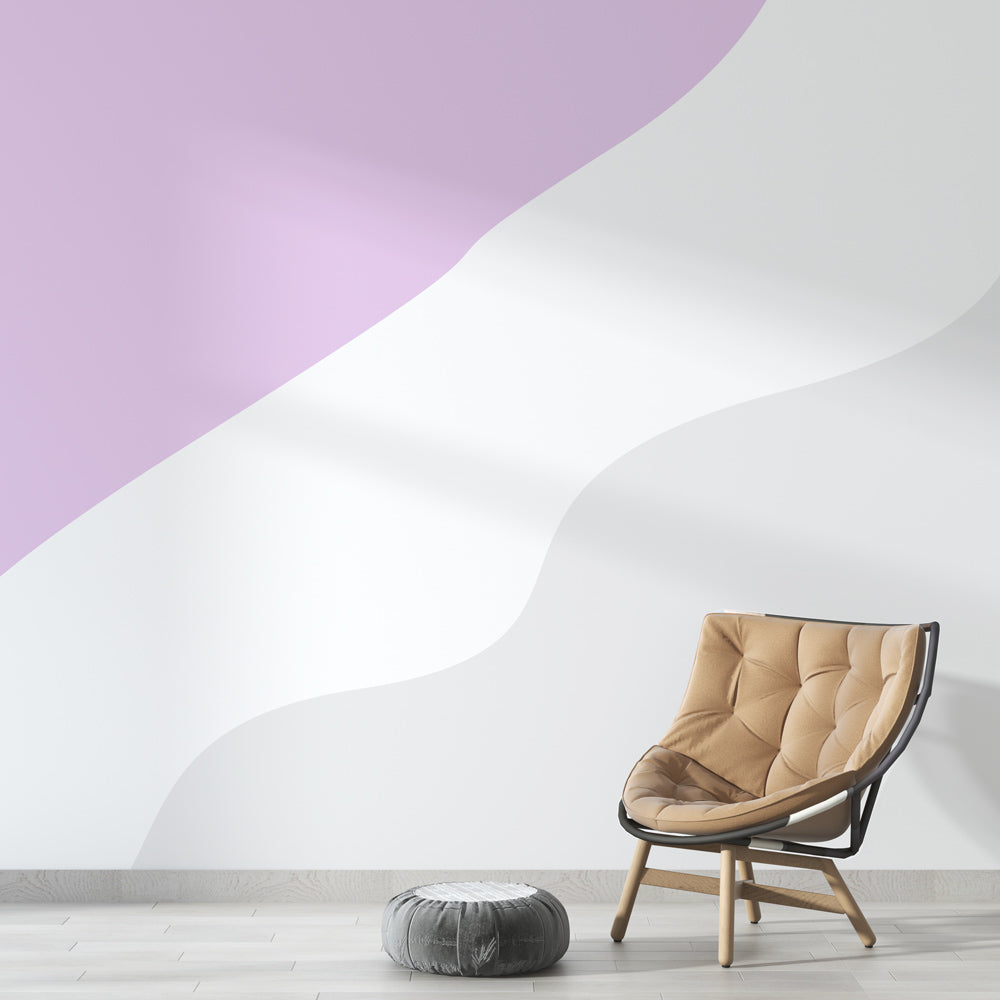 Modern bedroom featuring Abstract Wave Wallpaper in soft lilac and white, creating a peaceful atmosphere