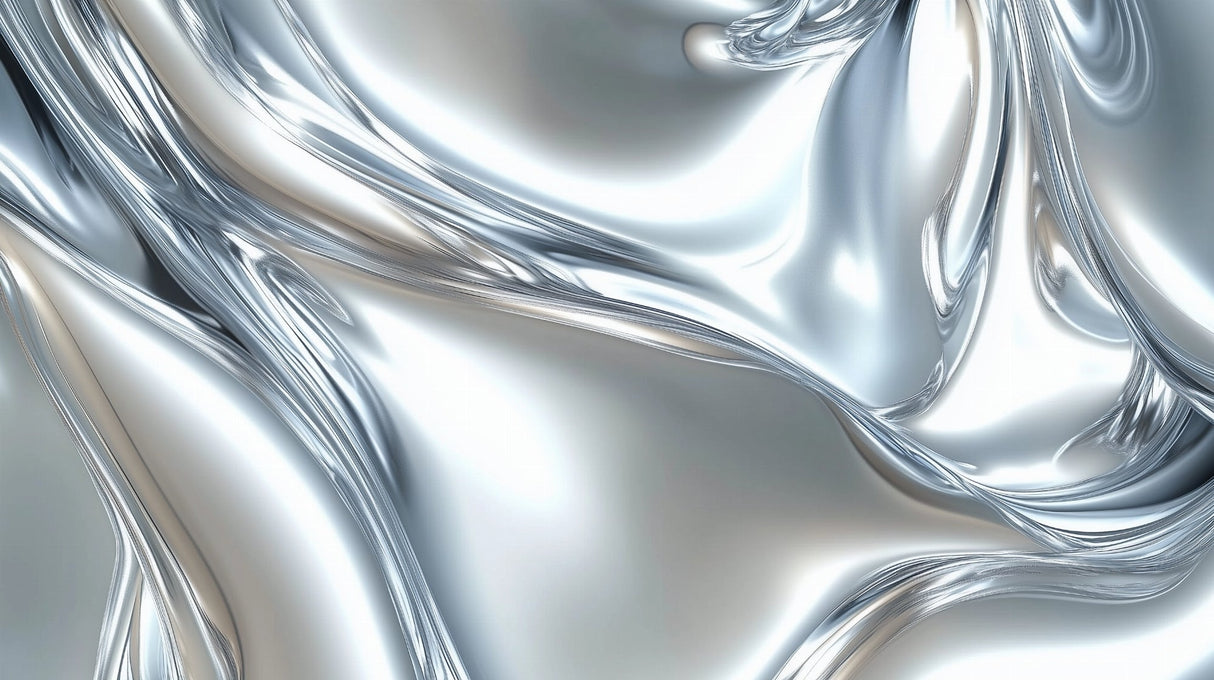 Abstract silver metallic wallpaper design file showing fluid wave pattern and chrome-like finish
