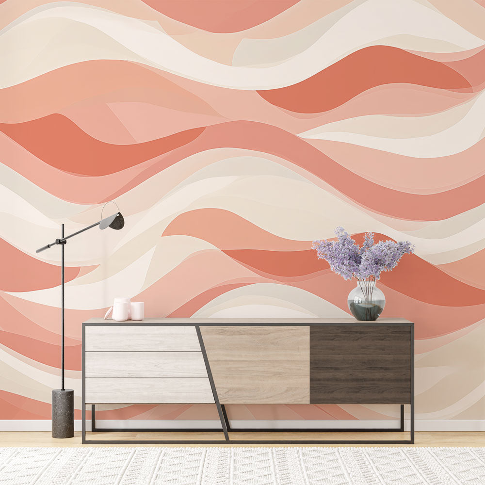 Abstract wave wallpaper in terracotta tones creating a modern focal point in a bright living room setting