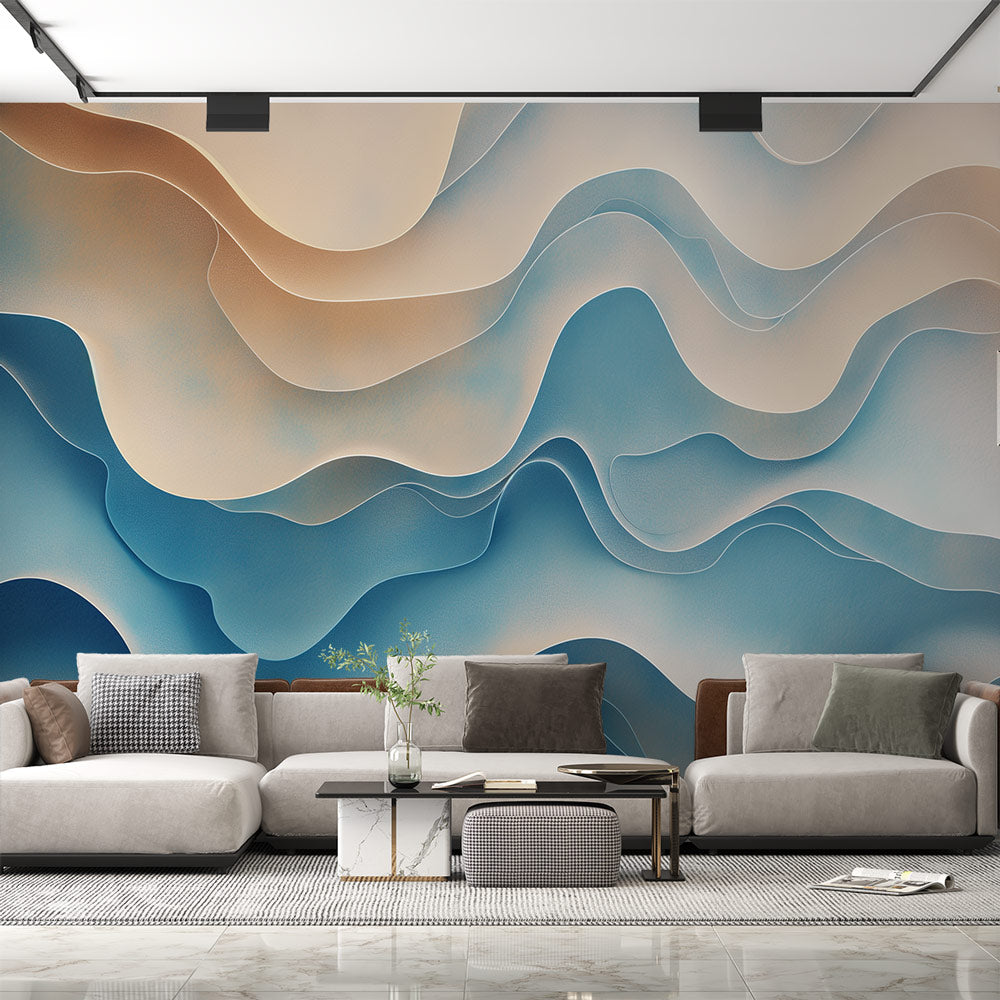 Abstract wave wallpaper creating a calm atmosphere in a modern living room, blue and beige tones flowing across the feature wall