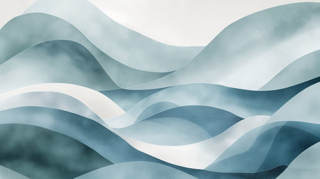 Ocean blue wave mural adding movement to a coastal-style bedroom with white bedding