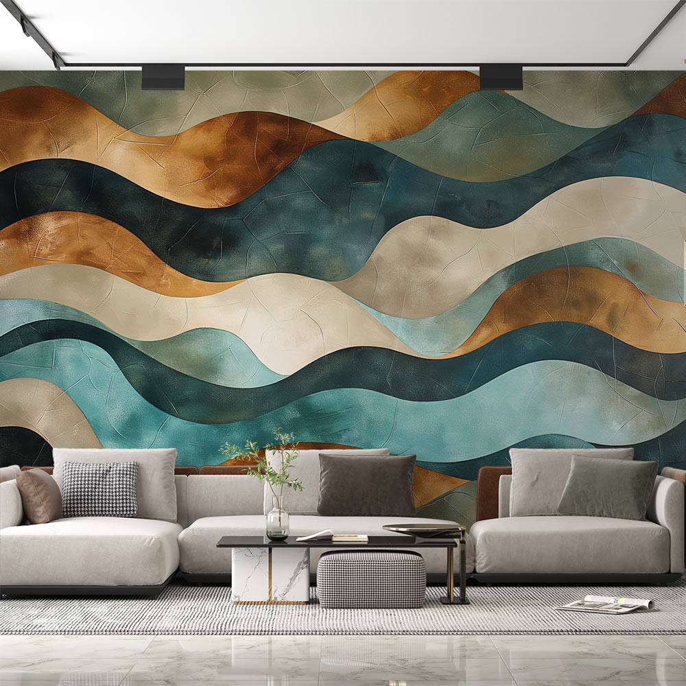 Modern abstract wave wallpaper in teal and gold creates a stunning focal point in a minimalist living room