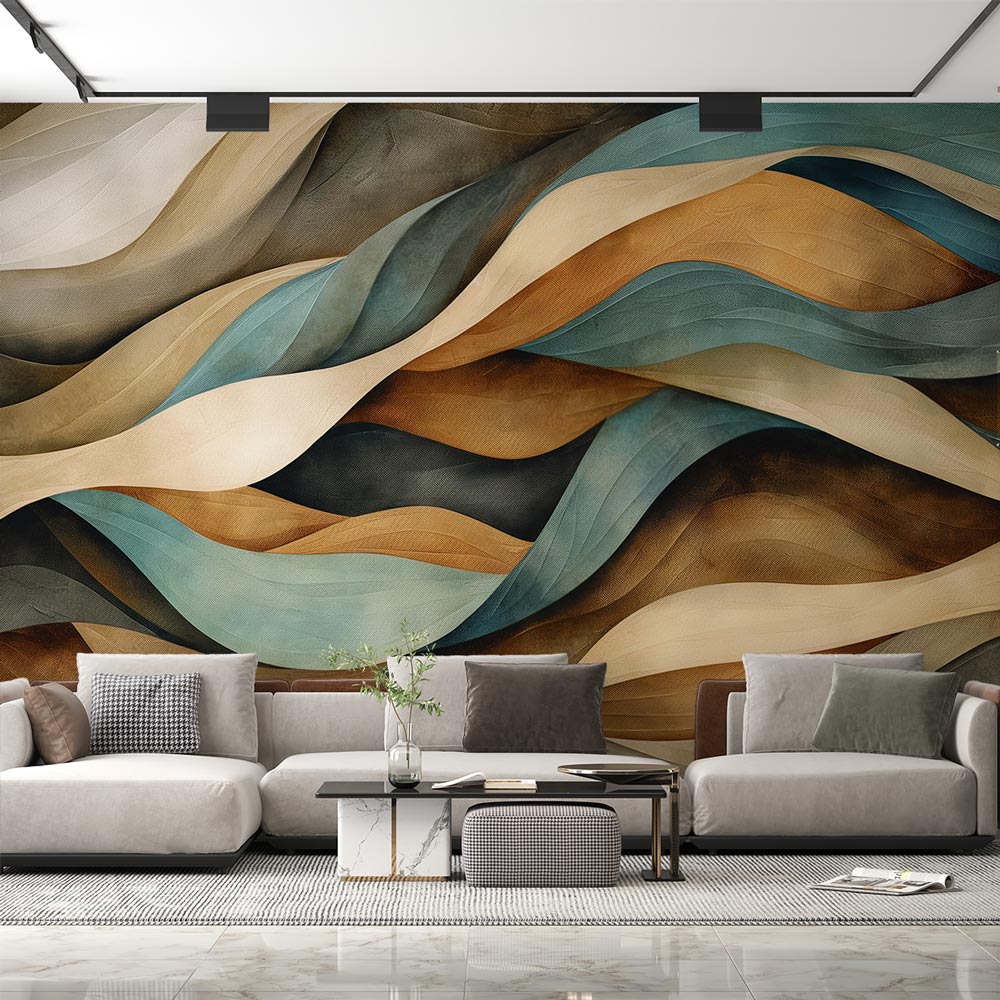 Modern wave wallpaper in teal and gold creating a stunning focal point in a minimalist living room with natural light