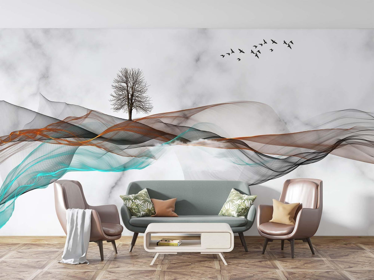 Abstract wave wallpaper with mountain landscape creating depth in modern living room setting