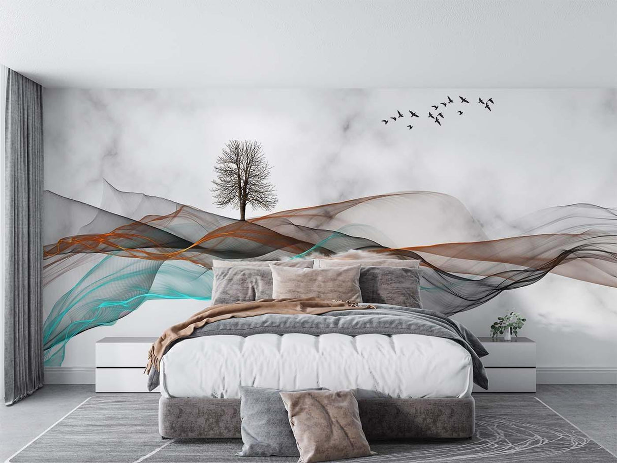 Flowing abstract mountain mural in minimalist bedroom showing scale and movement