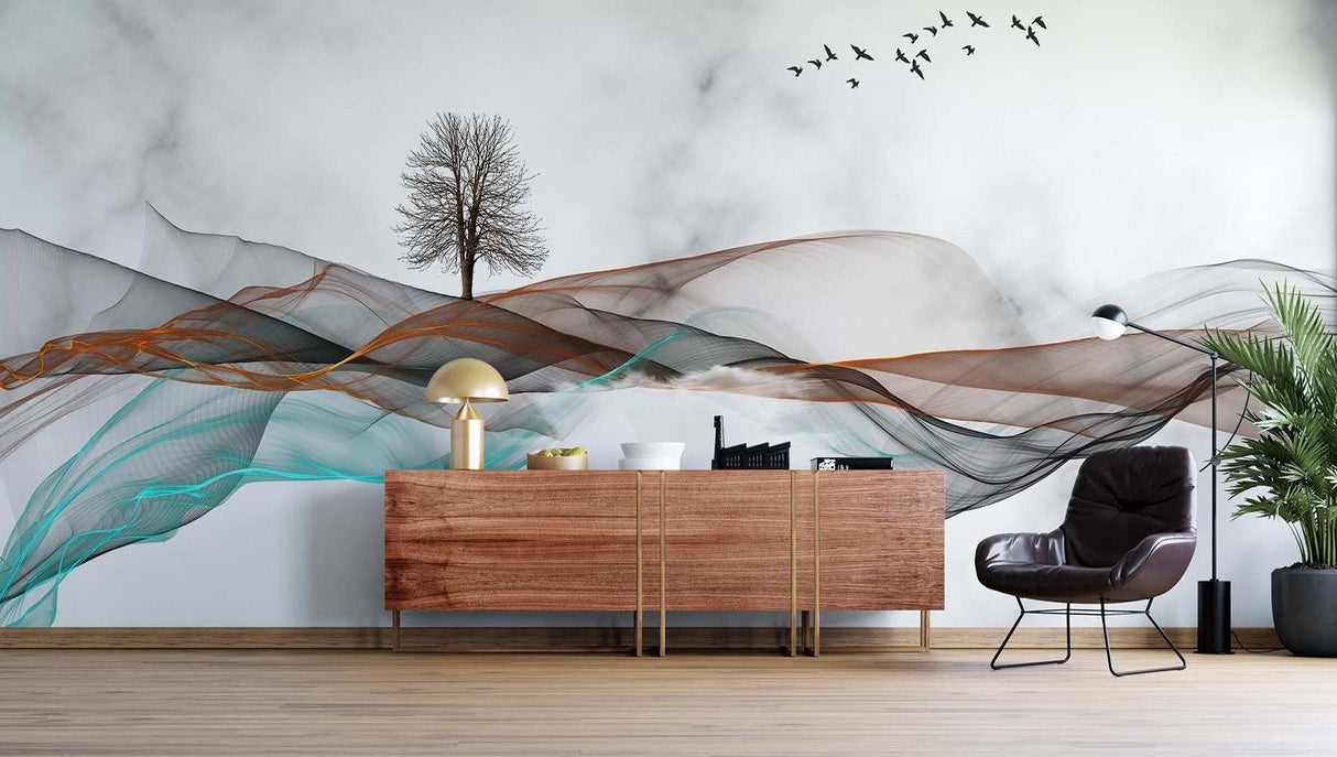 Abstract wave wall mural bringing calm to home office space