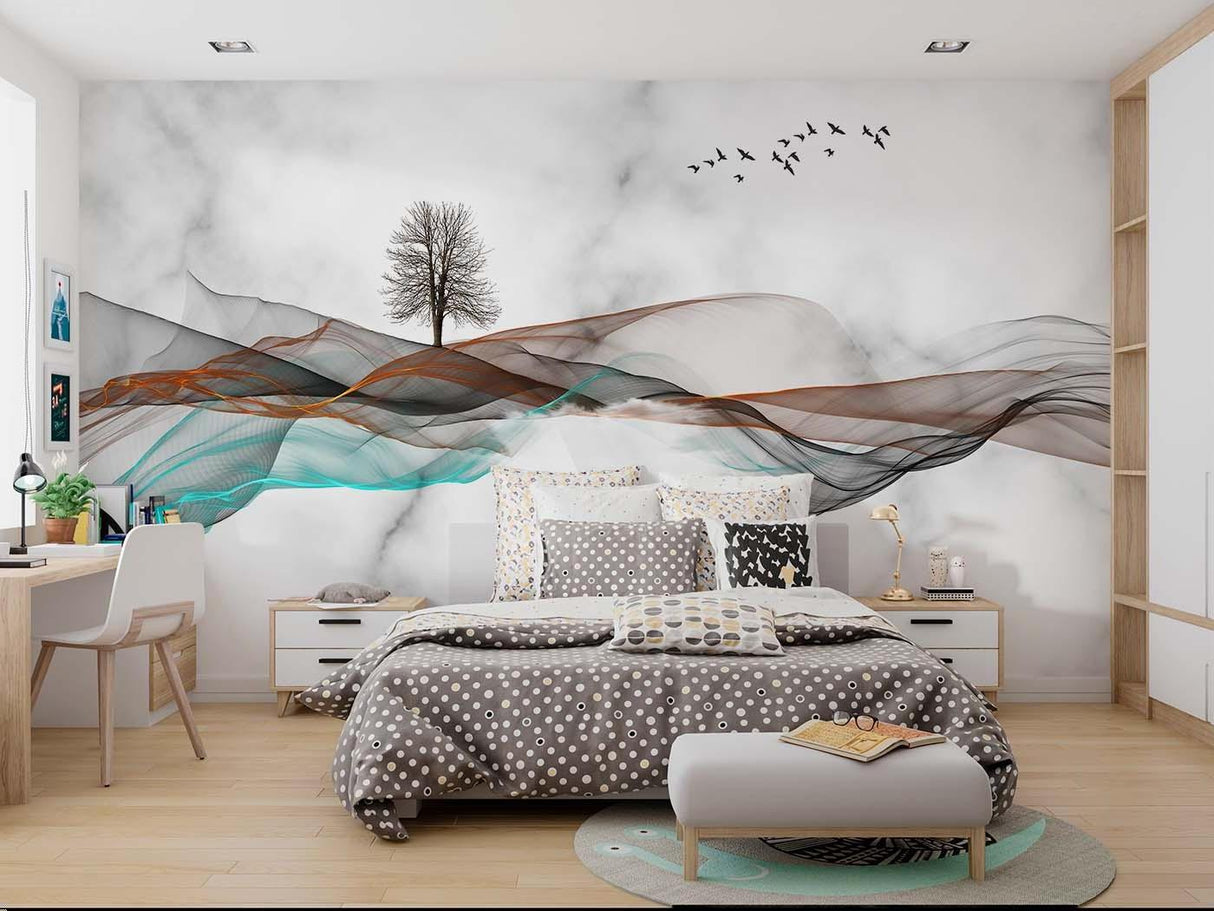 Mountain landscape wallpaper with waves creating focus in dining room