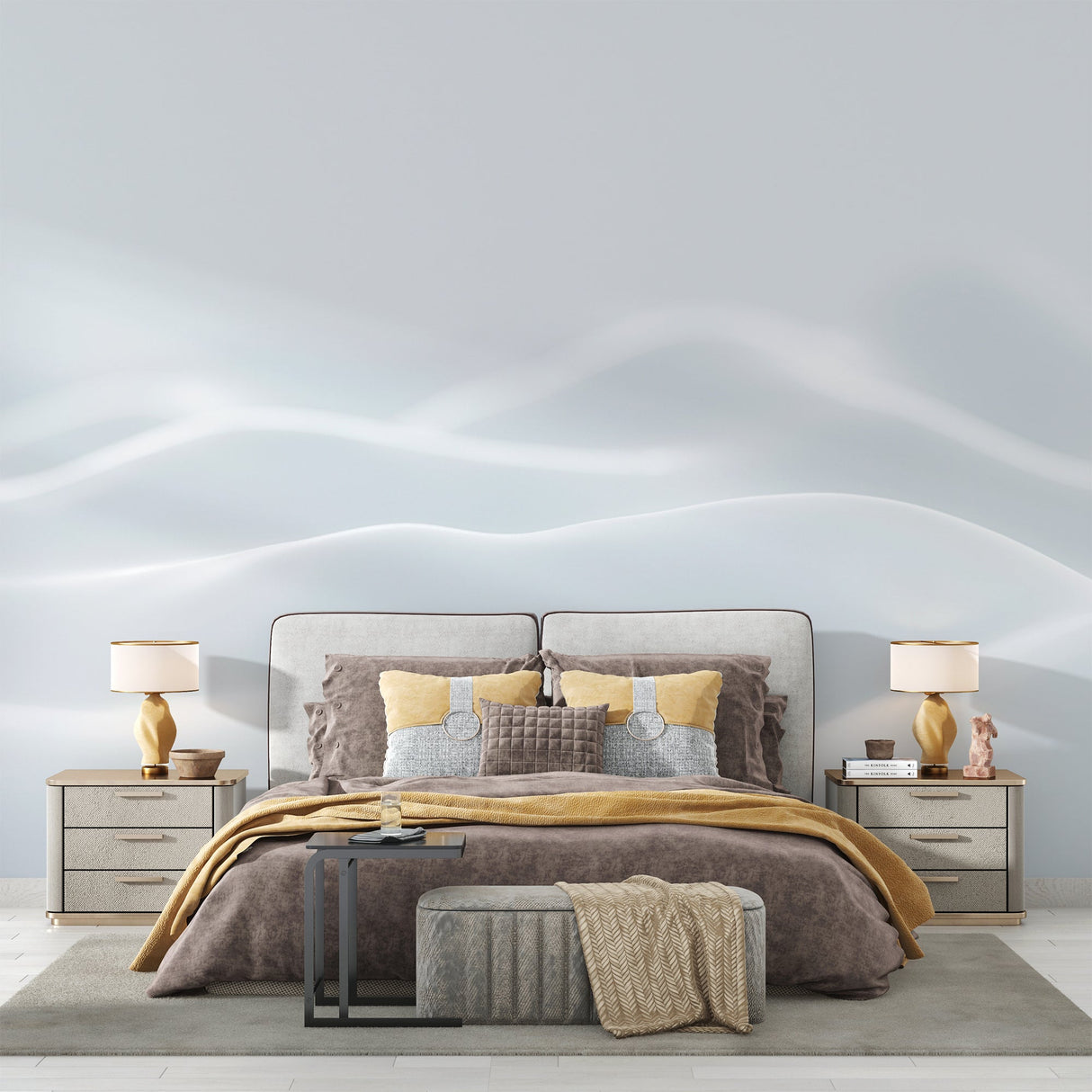 White wave wallpaper creating depth in modern living room, soft curves catching natural light