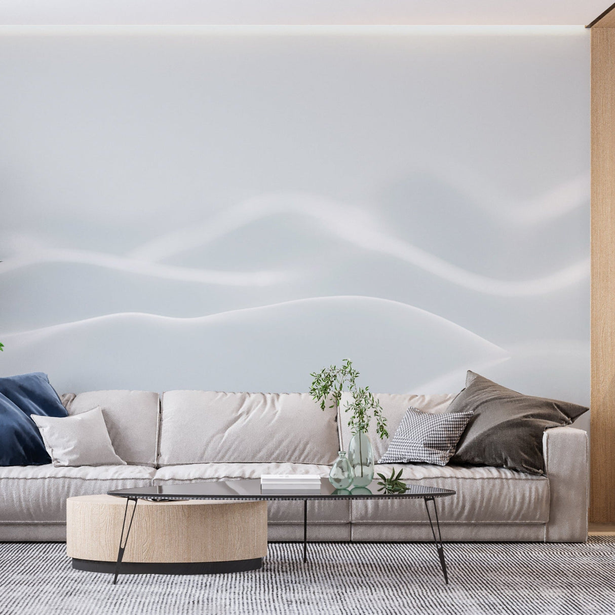 Abstract wave mural in minimalist bedroom showing flowing pattern movement
