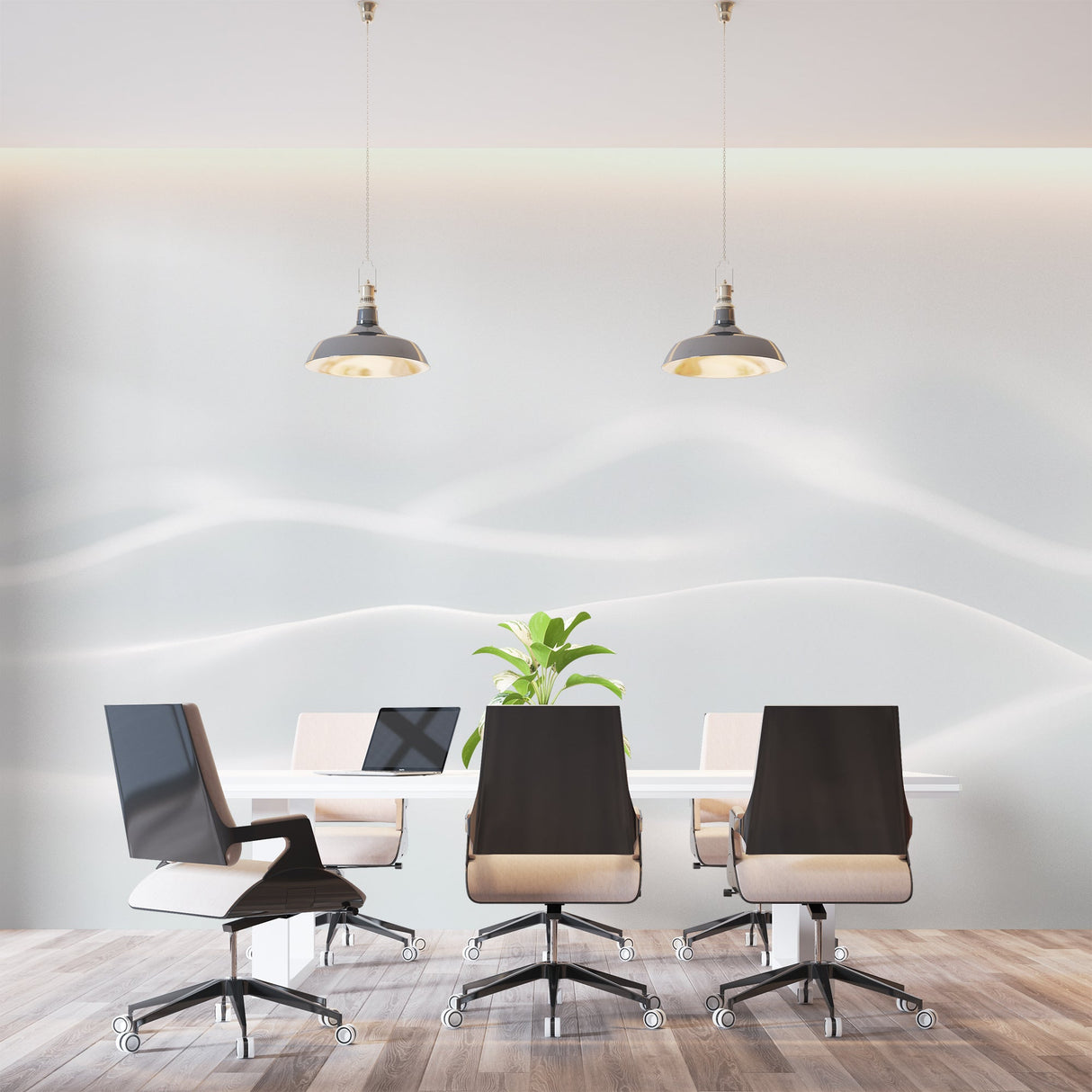 3D wave wallpaper installation in bright office space highlighting texture