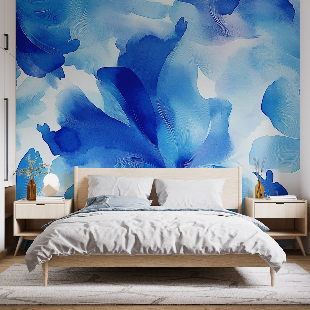 Blue abstract watercolor wallpaper creating a serene atmosphere in a modern living room with minimalist furniture