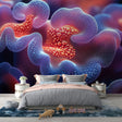 Abstract fluid wallpaper with coral and purple tones creating a dramatic backdrop in a modern living room setting