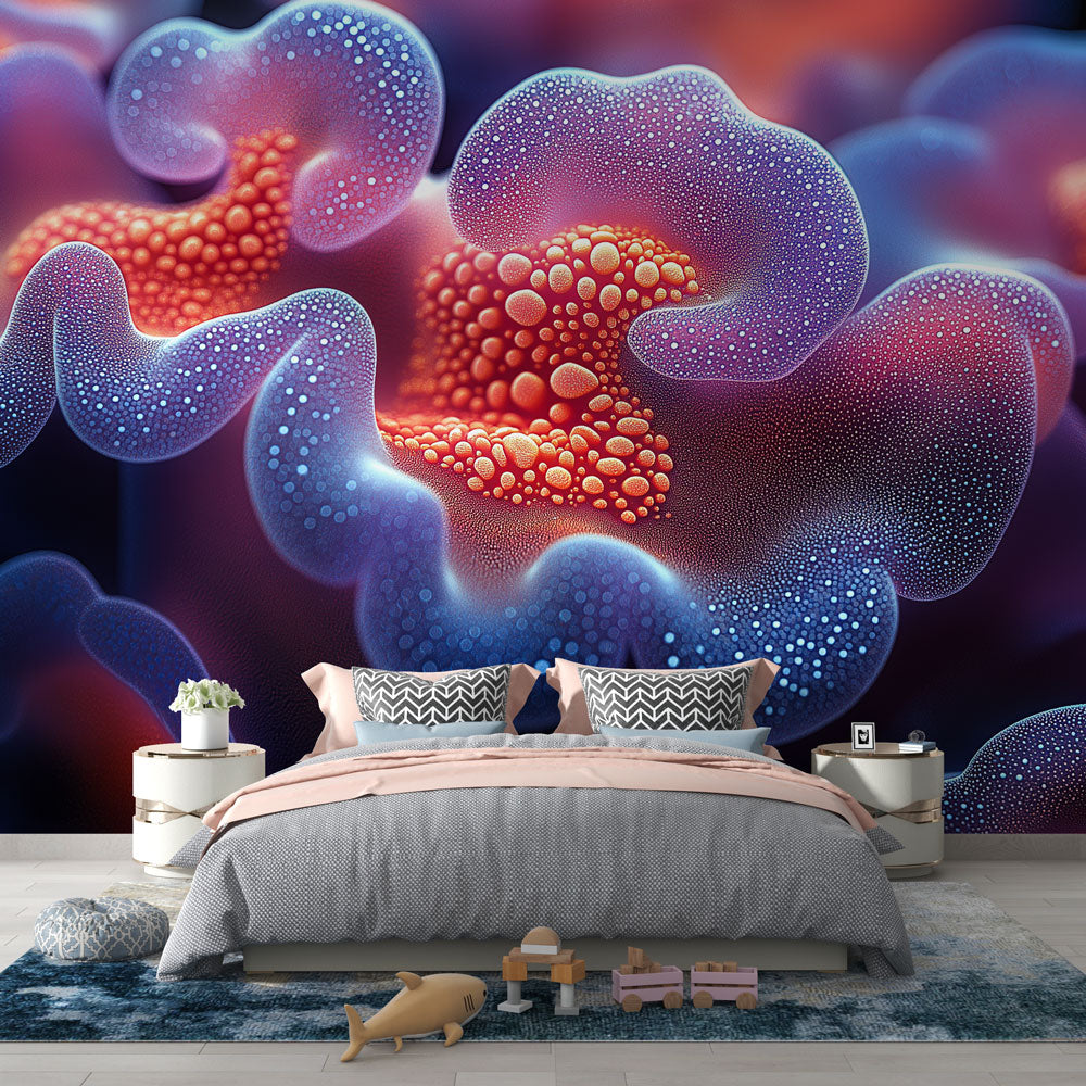 Abstract fluid wallpaper with coral and purple tones creating a dramatic backdrop in a modern living room setting
