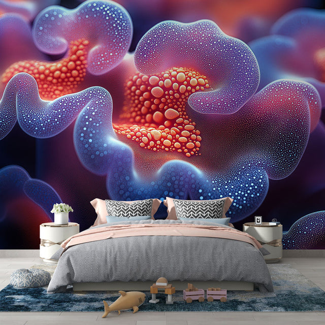 Abstract fluid wallpaper with coral and purple tones creating a dramatic backdrop in a modern living room setting