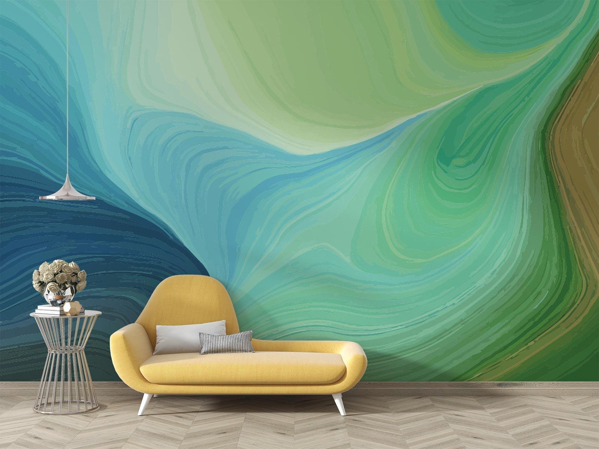 Abstract wave wallpaper creating movement in modern living room with grey sofa and natural light