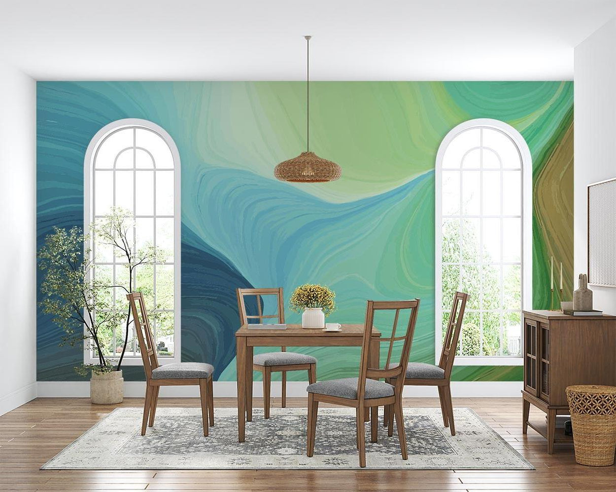 Fluid green and blue wave mural wallpaper in minimalist bedroom setting with white furniture
