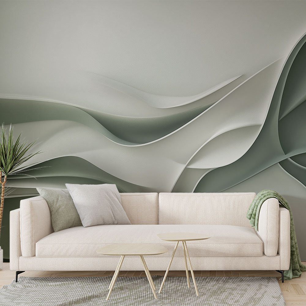 Abstract wave wallpaper in modern living room showing fluid green waves creating depth and movement against white furniture