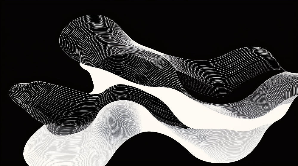 Abstract line art wallpaper in modern living room showing flowing black and white pattern creating depth