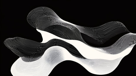 Abstract line art wallpaper in modern living room showing flowing black and white pattern creating depth