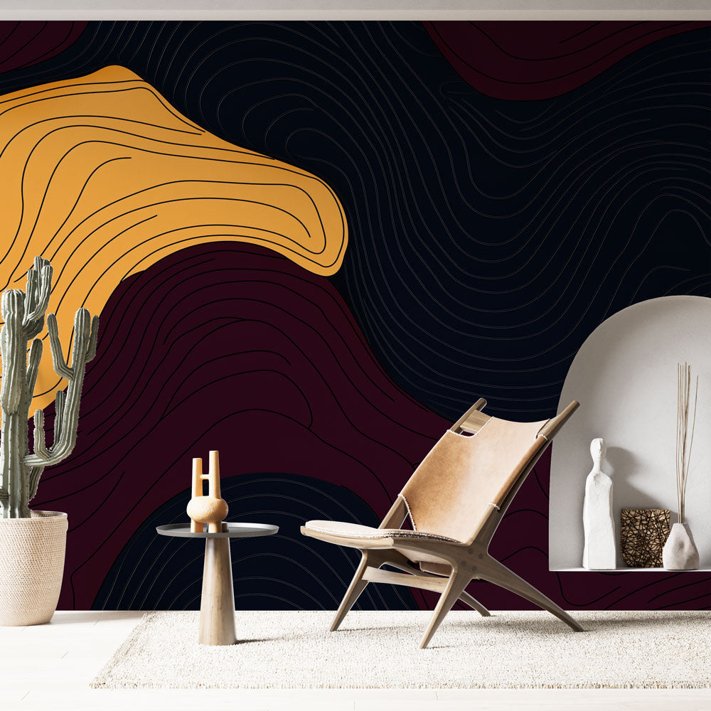 Modern abstract wallpaper with yellow and burgundy fluid lines creating dramatic impact in a minimalist living room setting