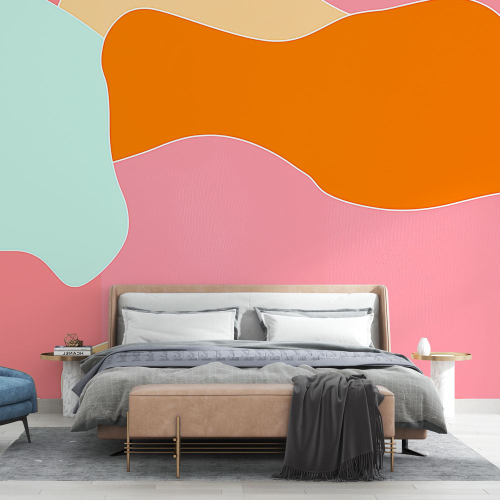 Abstract pastel wall mural creating a modern statement in a bright, minimalist living room with contemporary furniture