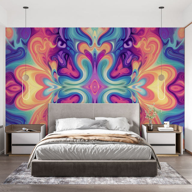 Abstract fluid rainbow wallpaper bringing vibrant energy to a modern living room with white furniture