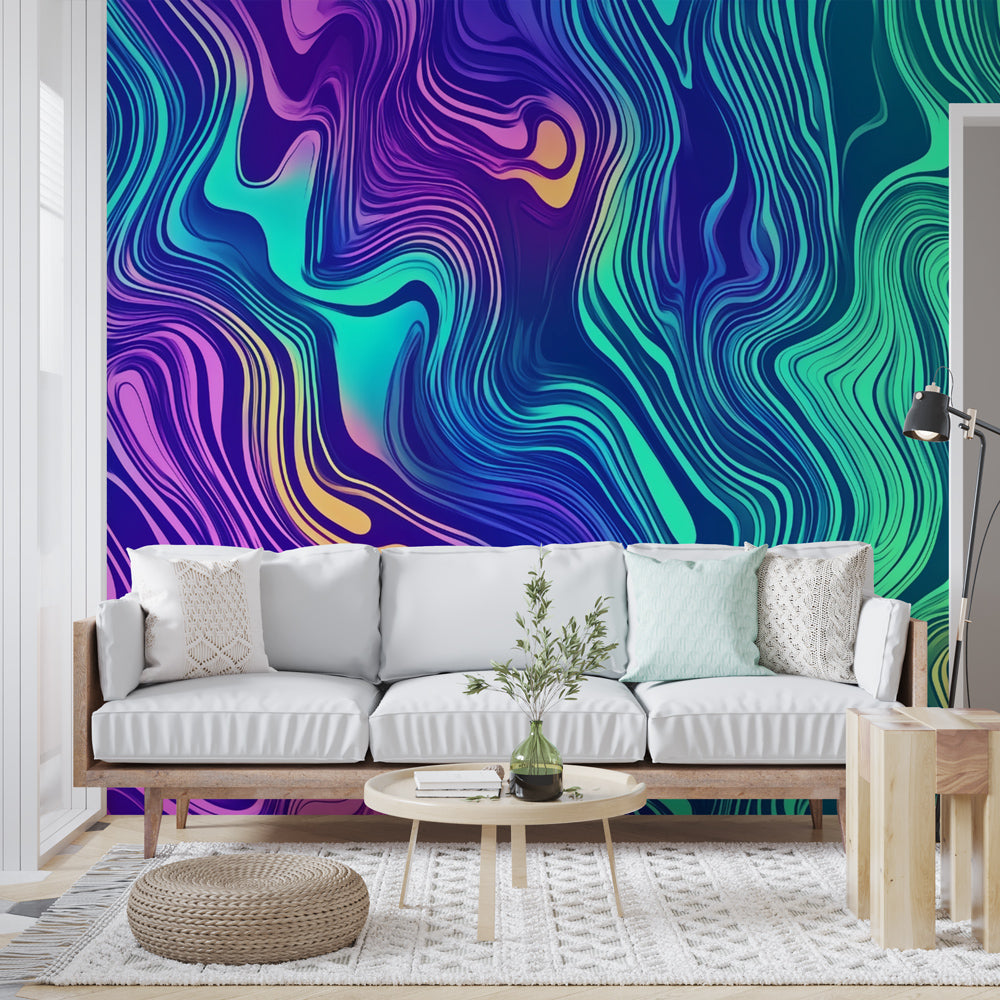 Rainbow wave abstract wallpaper mural displayed in a modern living room, creating a bold artistic statement wall